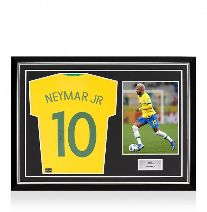 icons Neymar Jr Back Signed Brazil 2020-21 Home Shirt In Hero Frame: Option 1