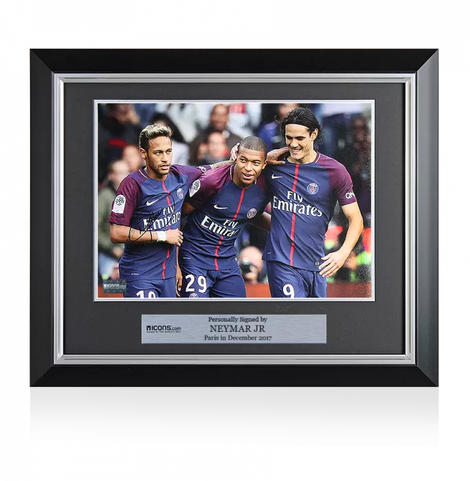 icons Neymar Jr Signed and Framed Paris Saint-Germain Photo: Celebrating with Mbappe & Cavani