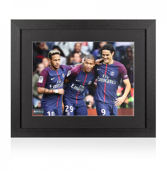 Icons Neymar Jr Signed Paris Saint-Germain Photo In Black Wooden Frame: Celebrating With Mbappe & Cavani