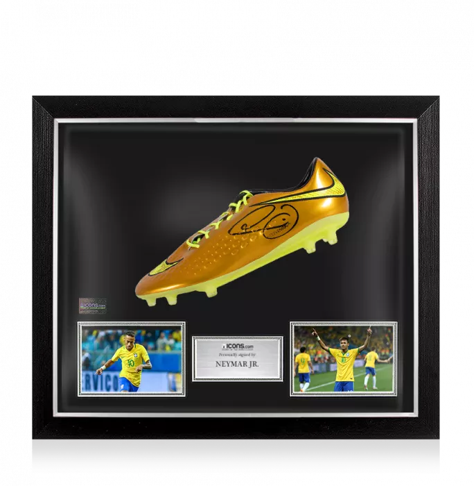 icons Neymar Jr Signed Special Edition Gold Nike Hypervenom Boot In Bubble Frame: Brazil
