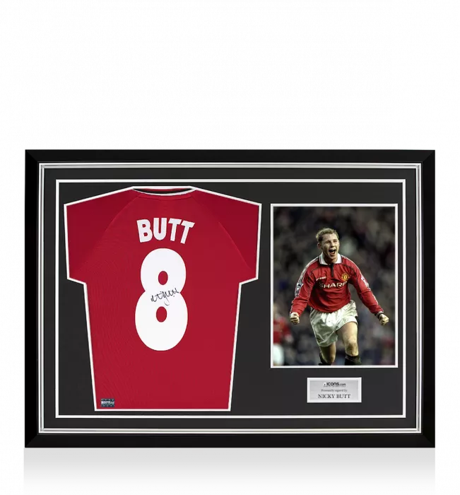 icons Nicky Butt Back Signed Manchester United 1999 Home Shirt Home Shirt In Hero Frame: Option 1