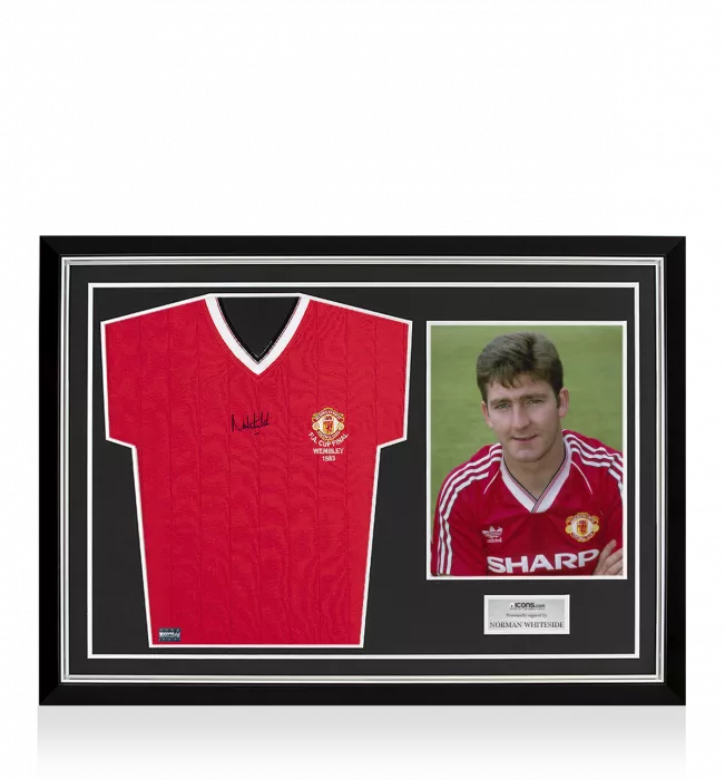icons Norman Whiteside Front Signed Manchester United Home Shirt: 1983 FA Cup Final Special Edition Home Shirt In Hero Frame: Option 1
