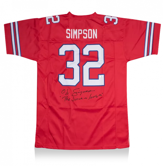 icons OJ Simpson Back Signed Red and White American Football Jersey: "The Juice Is Loose" Edition