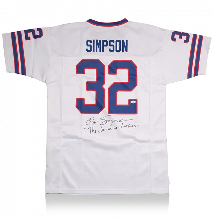 Icons OJ Simpson Back Signed White And Blue American Football Jersey: "The Juice Is Loose" Edition