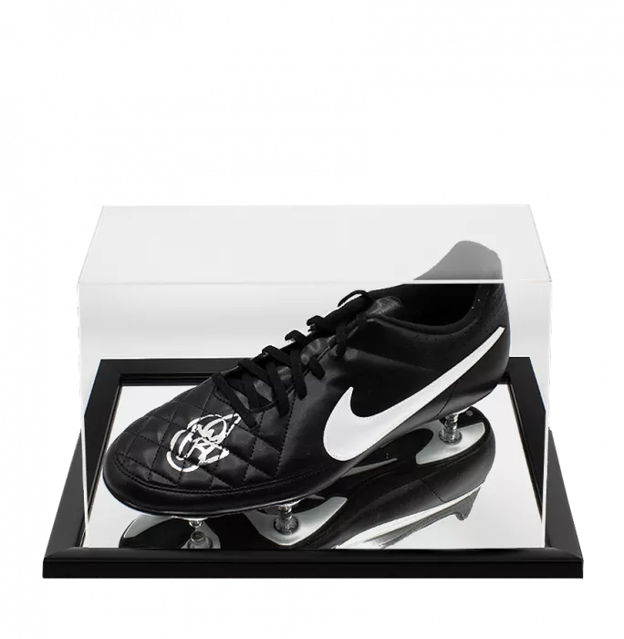 icons Ole Gunnar Solskjaer Signed Nike Black and White Boot In Acrylic Case