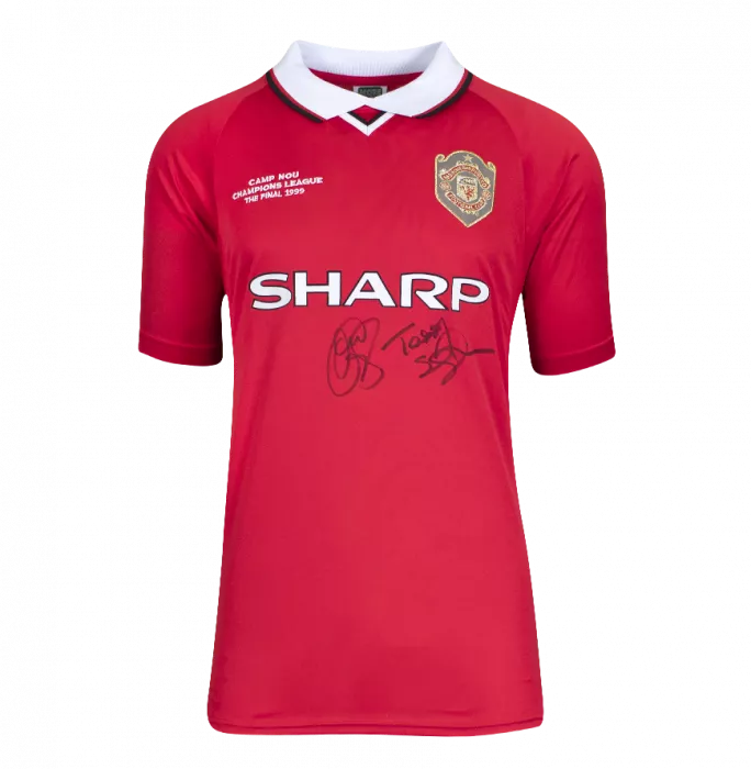 Icons Ole Gunnar Solskjaer & Teddy Sheringham Dual Front Signed Manchester United 1999 UCL Final Shirt In Classic Frame