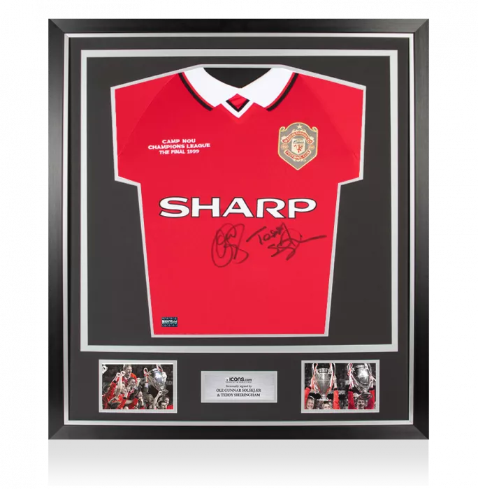 icons Ole Gunnar Solskjaer & Teddy Sheringham Dual Front Signed Manchester United 1999 UCL Final Shirt In Classic Frame
