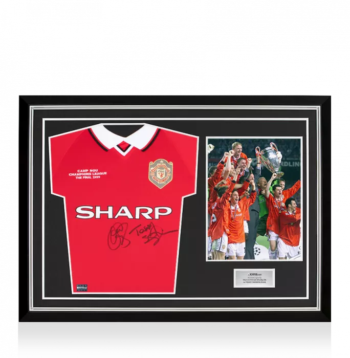 icons Ole Gunnar Solskjaer & Teddy Sheringham Dual Front Signed Manchester United 1999 UCL Final Shirt In Hero Frame: Option 1