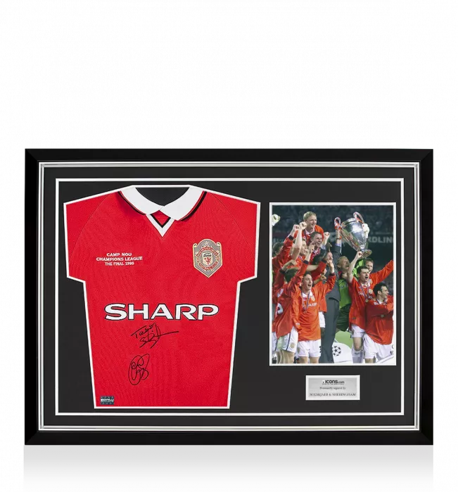 Icons Ole Gunnar Solskjaer & Teddy Sheringham Front Signed Manchester United 1999 Home Shirt Home Shirt In Hero Frame: Option 1