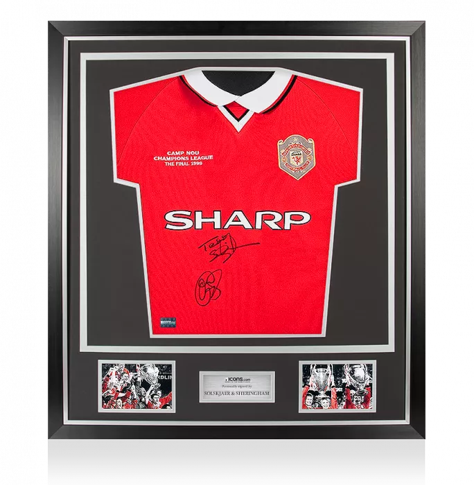 icons Ole Gunnar Solskjaer & Teddy Sheringham Front Signed Manchester United 1999 Home Shirt In Classic Frame
