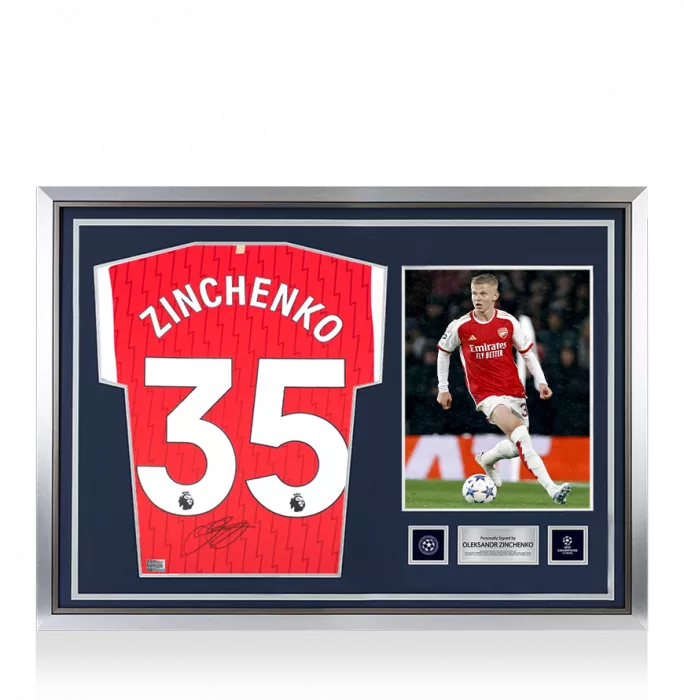 icons Oleksandr Zinchenko Official UEFA Champions League Back Signed and Hero Framed Arsenal 2023-24 Home Shirt
