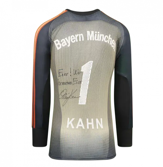 Icons Oliver Kahn Back Signed Bayern Munich 2003-04 Goalkeeper Shirt - Eier Wir Brauchen Eier Inscription In Hero Frame: Option 1