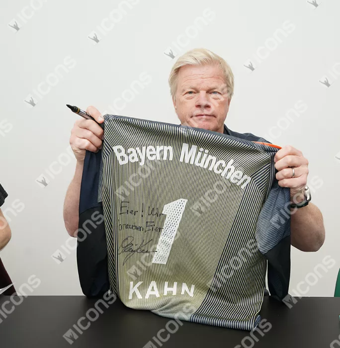 Icons Oliver Kahn Back Signed Bayern Munich 2003-04 Goalkeeper Shirt - Eier Wir Brauchen Eier Inscription In Hero Frame: Option 1