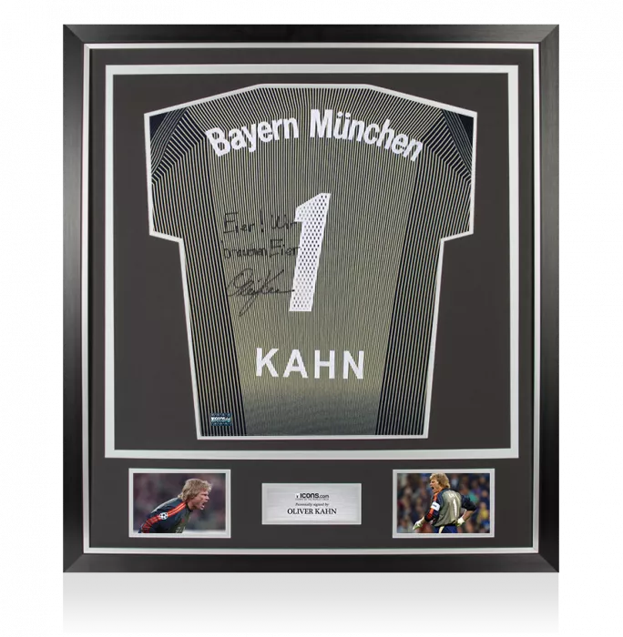 icons Oliver Kahn Back Signed Bayern Munich 2003-04 Goalkeeper Shirt - Eier Wir brauchen Eier Inscription In Classic Frame