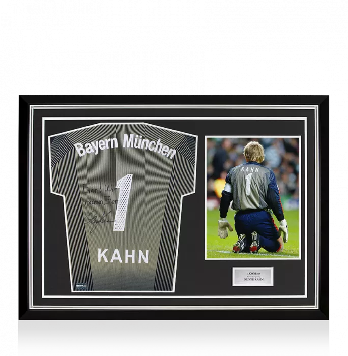 icons Oliver Kahn Back Signed Bayern Munich 2003-04 Goalkeeper Shirt - Eier Wir brauchen Eier Inscription In Hero Frame: Option 1