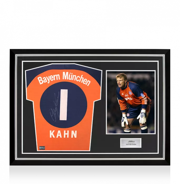 icons Oliver Kahn Back Signed FC Bayern Munich 2000-01 Goalkeeper Shirt In Hero Frame: Option 1