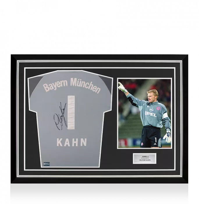 icons Oliver Kahn Back Signed FC Bayern Munich 2001-02 Goalkeeper Shirt In Hero Frame: Option 1