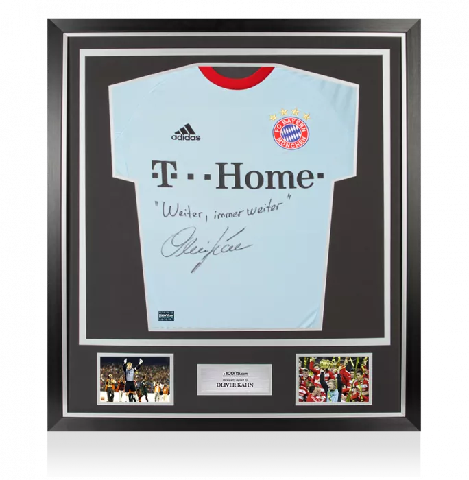 icons Oliver Kahn Back Signed FC Bayern Munich 2008 Goalkeeper Shirt - Weiter immer weiter Inscription In Classic Frame