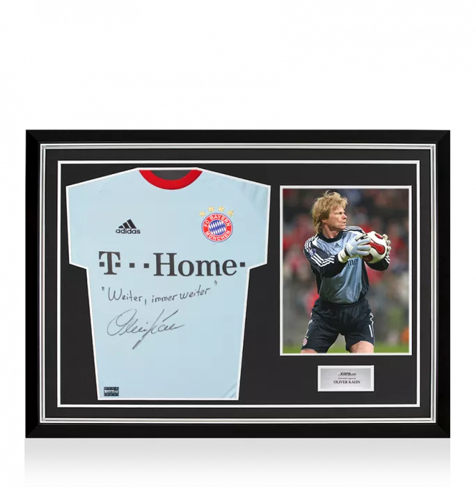 icons Oliver Kahn Back Signed FC Bayern Munich 2008 Goalkeeper Shirt - Weiter immer weiter Inscription In Hero Frame: Option 1