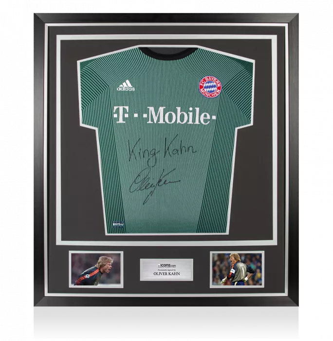 icons Oliver Kahn Front Signed FC Bayern Munich 2003-04 Goalkeeper Shirt - King Kahn Inscription In Classic Frame