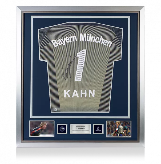 icons Oliver Kahn Official UEFA Champions League Back Signed and Framed FC Bayern Munich 2003-04 Goalkeeper Shirt