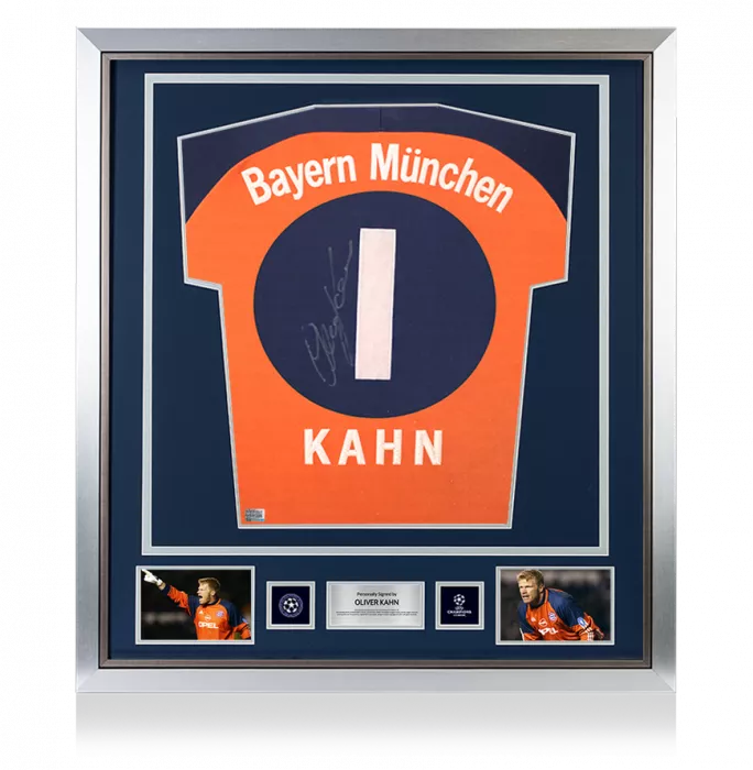 Icons Oliver Kahn Official UEFA Champions League Back Signed And Framed FC Bayern Munich 2000-01 Goalkeeper Shirt