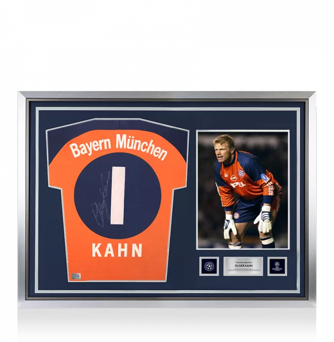 icons Oliver Kahn Official UEFA Champions League Back Signed and Hero Framed FC Bayern Munich 2000-01 Goalkeeper Shirt
