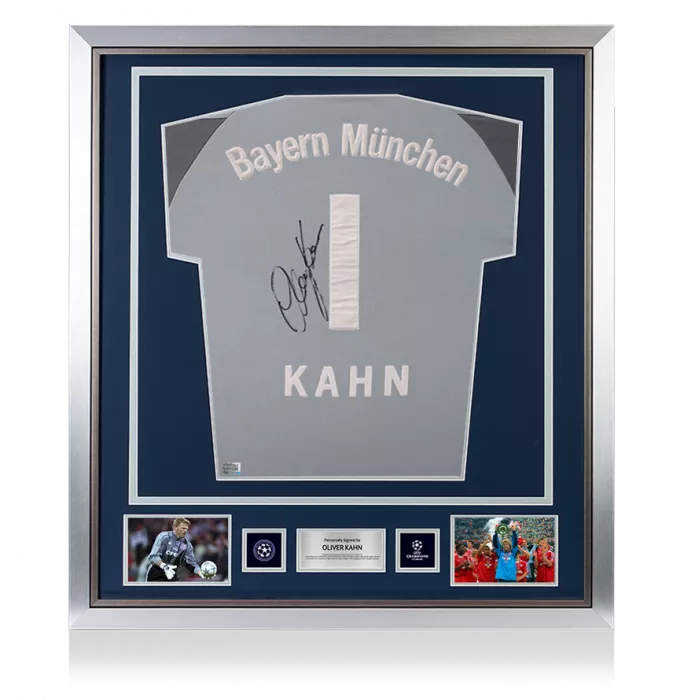 icons Oliver Kahn Official UEFA Champions League Back Signed and Framed FC Bayern Munich 2001-02 Goalkeeper Shirt