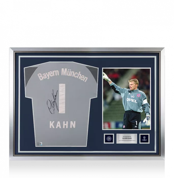 Icons Oliver Kahn Official UEFA Champions League Back Signed And Hero Framed FC Bayern Munich 2001-02 Goalkeeper Shirt