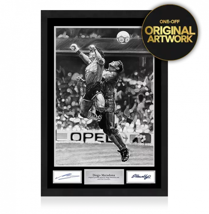 icons Original Diego Maradona Signed and Framed Tribute Artwork: Iconic Hand of God Goal