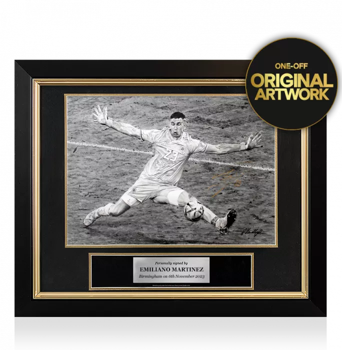 icons Original Emiliano Martinez Signed and Premium Framed Tribute Artwork: Iconic 2022 FIFA World Cup Final Save