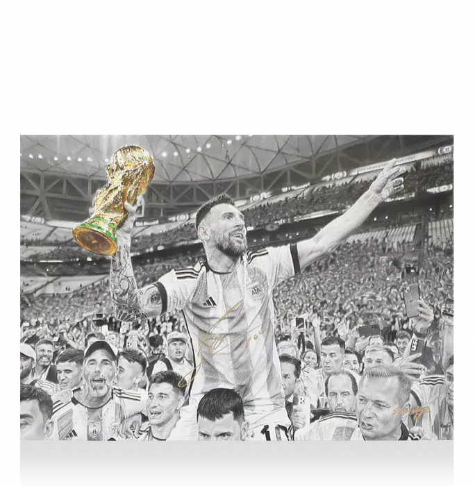 Icons Original Lionel Messi Official Signed And Premium Framed Tribute Artwork: 2022 FIFA World Cup Winner