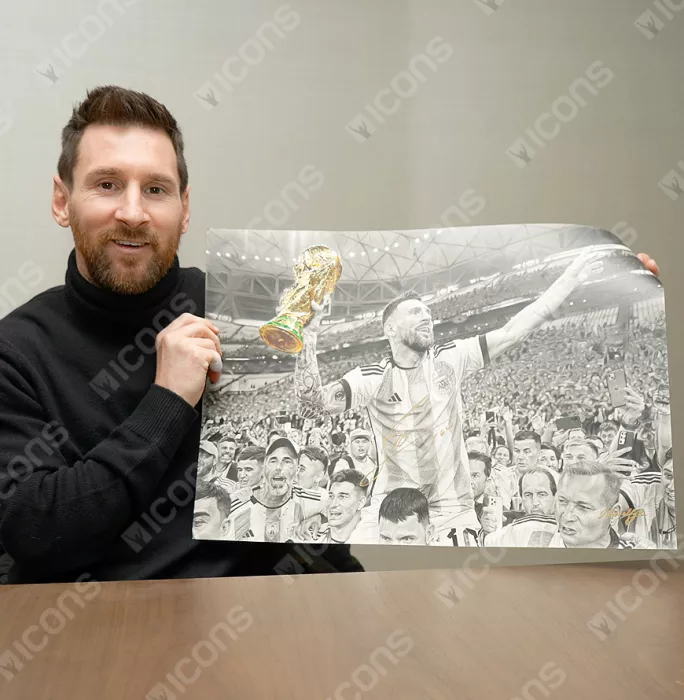 Icons Original Lionel Messi Official Signed And Premium Framed Tribute Artwork: 2022 FIFA World Cup Winner