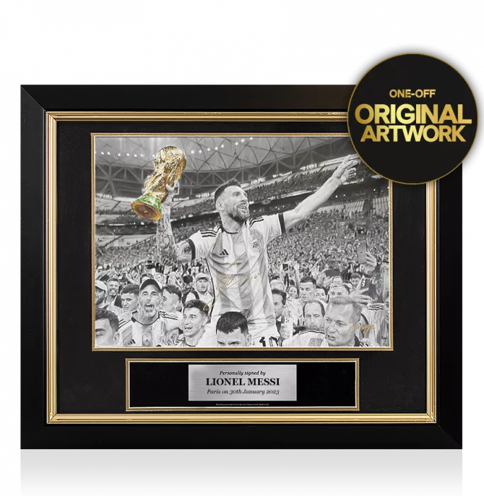 icons Original Lionel Messi Official Signed and Premium Framed Tribute Artwork: 2022 FIFA World Cup Winner