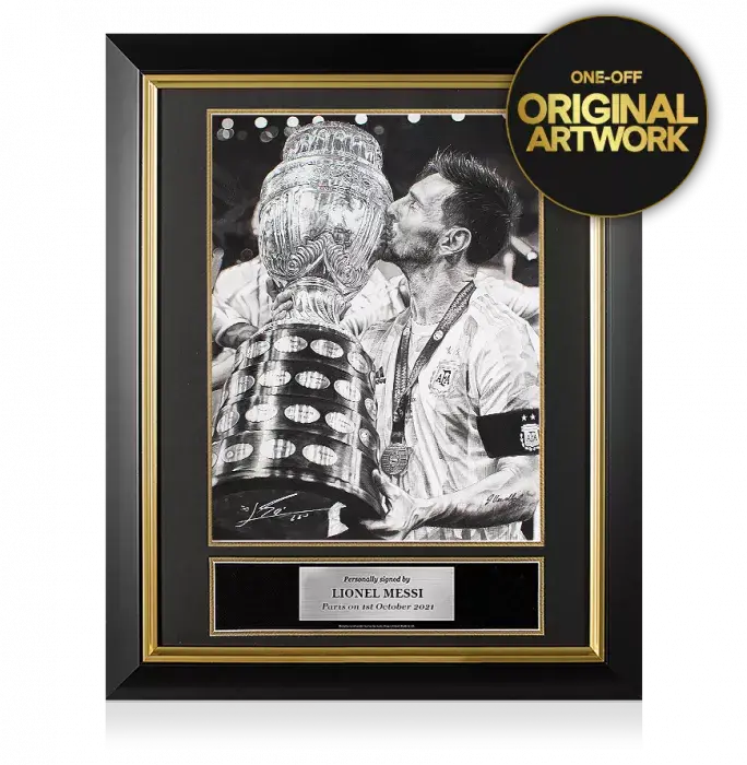 icons Original Lionel Messi Official Signed and Premium Framed Tribute Artwork: 2021 Copa America Winner