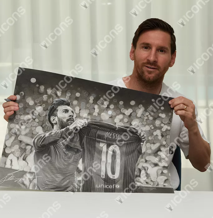 Icons Original Lionel Messi Official Signed And Premium Framed Tribute Artwork: Iconic Clasico Celebration