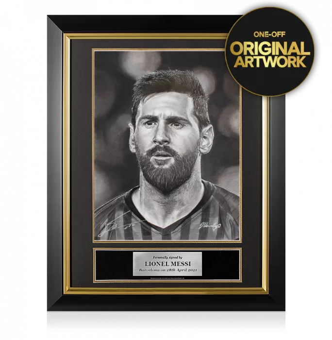 icons Original Lionel Messi Official Signed and Premium Framed Tribute Artwork: Barca Legend