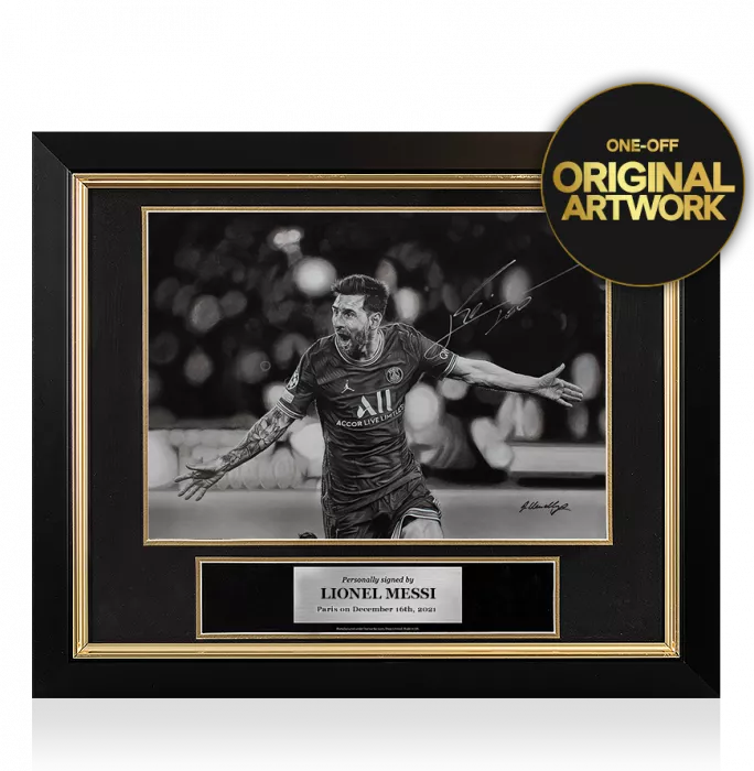 icons Original Lionel Messi Official Signed and Premium Framed Tribute Artwork: UCL Goal vs Manchester City