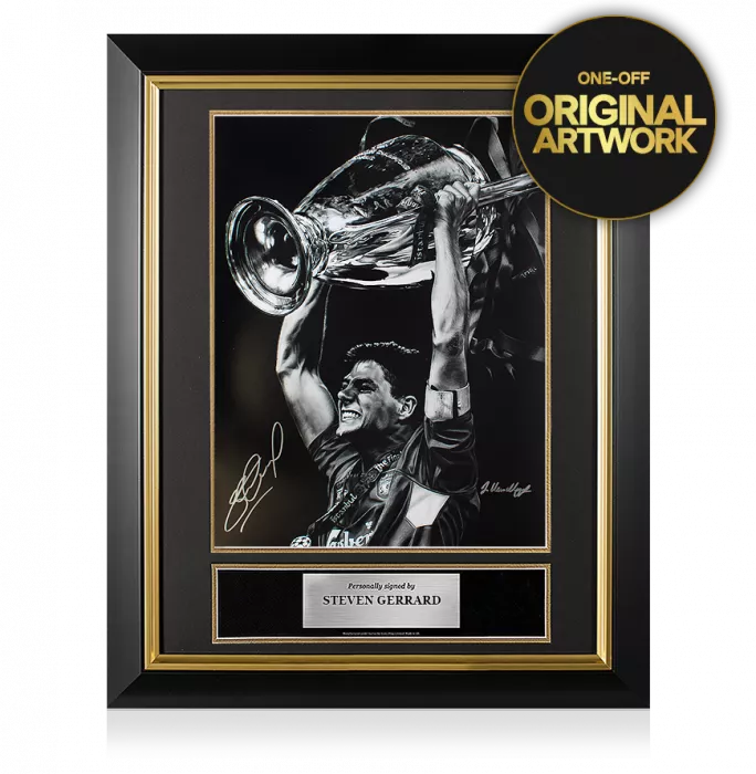icons Original Steven Gerrard Signed Tribute Artwork In Premium Frame: 2005 UEFA Champions League Winner