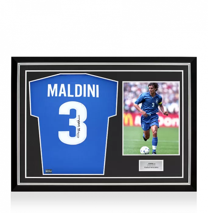 icons Paolo Maldini Back Signed Italy 1998-99 Home Shirt In Hero Frame: Option 1