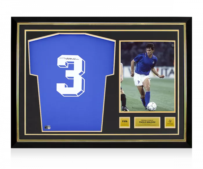 icons Paolo Maldini Official 1990 FIFA World Cup™ Back Signed and Hero Framed Italy 1990 Home Shirt with Fan Style Number