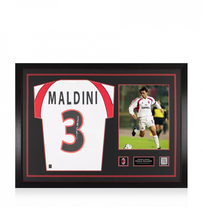 icons Paolo Maldini Official AC Milan Back Signed and Framed 2001-02 Away Shirt With Long Sleeves