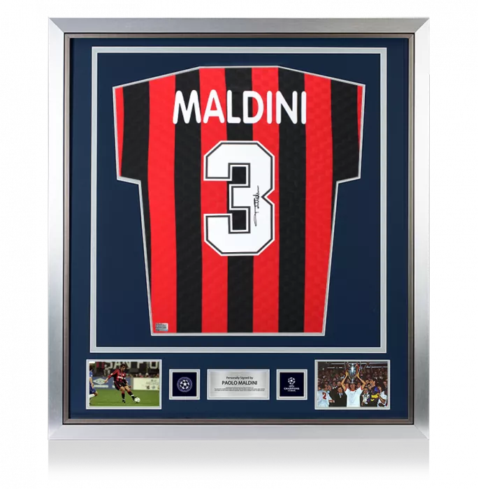 icons Paolo Maldini Official UEFA Champions League Back Signed and Framed AC Milan 1996 Home Shirt