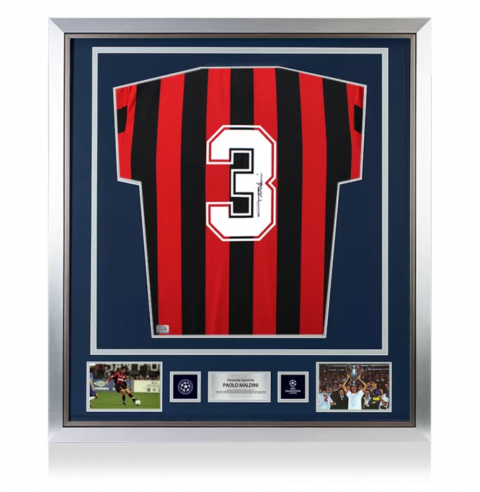 icons Paolo Maldini Official UEFA Champions League Back Signed and Framed AC Milan 1988 Home Shirt