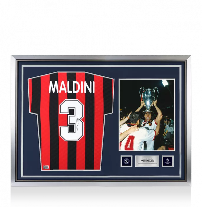 icons Paolo Maldini Official UEFA Champions League Back Signed and Hero Framed AC Milan 1996 Home Shirt