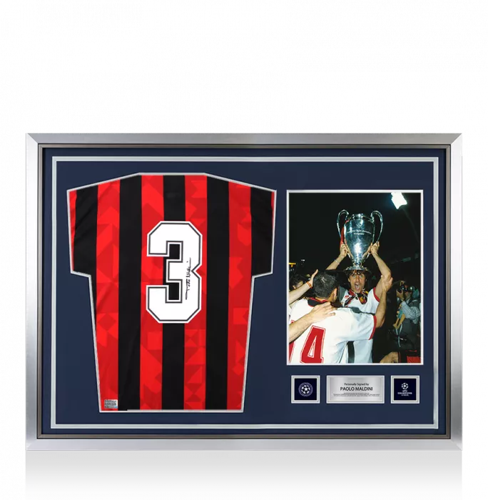 icons Paolo Maldini Official UEFA Champions League Back Signed and Hero Framed AC Milan 1994 Home Shirt