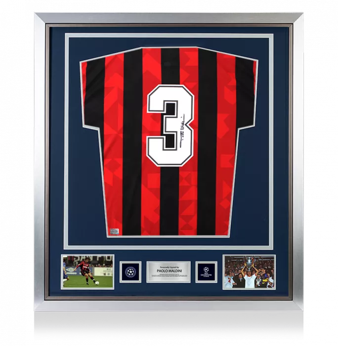 icons Paolo Maldini Official UEFA Champions League Back Signed and Framed AC Milan 1994 Home Shirt