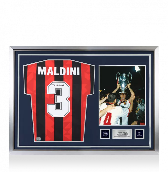 icons Paolo Maldini Official UEFA Champions League Back Signed and Hero Framed 1994 AC Milan Home Shirt