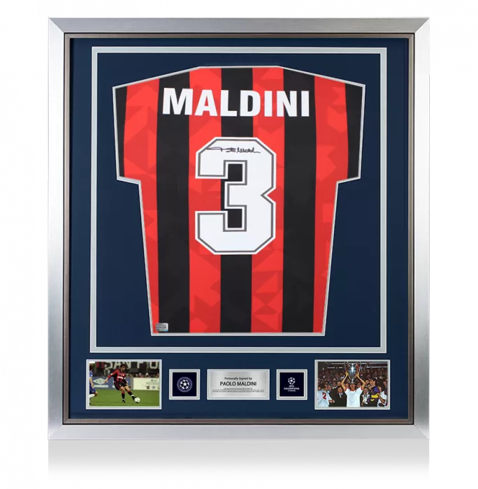 icons Paolo Maldini Official UEFA Champions League Back Signed and Framed 1994 AC Milan Home Shirt
