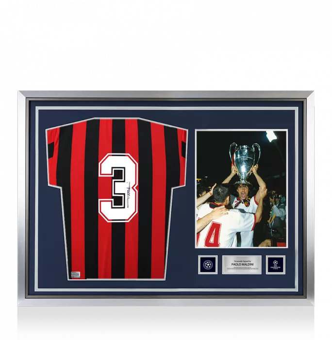 icons Paolo Maldini Official UEFA Champions League Back Signed and Hero Framed AC Milan 1988 Home Shirt